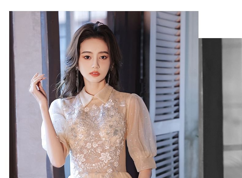 Mesh A-Line Evening Dress Floral Gown Short-Sleeve /