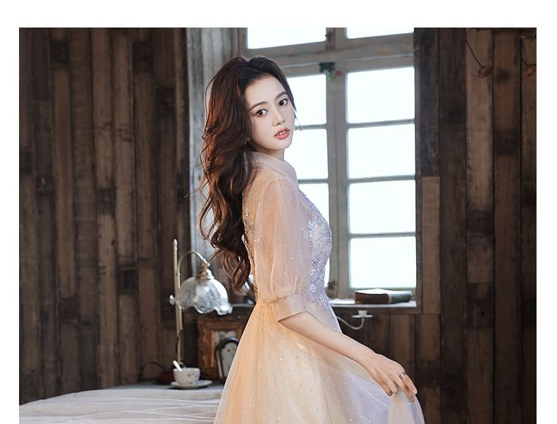 Mesh A-Line Evening Dress Floral Gown Short-Sleeve /