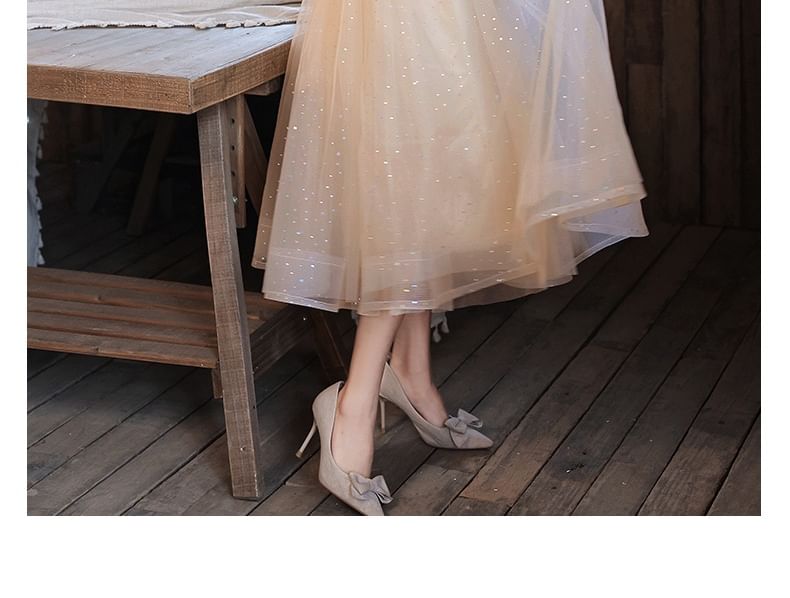 Mesh A-Line Evening Dress Floral Gown Short-Sleeve /