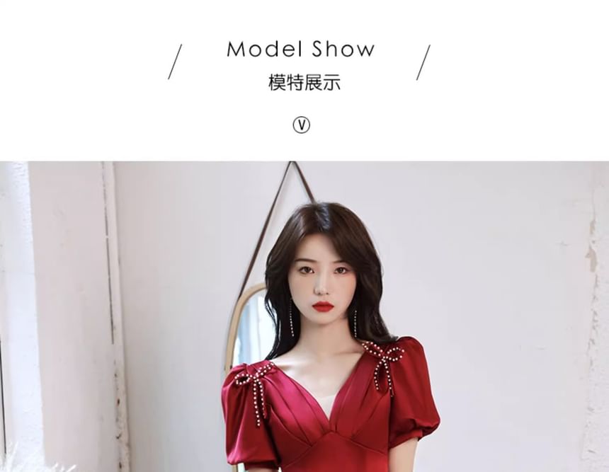 Beaded V-Neck Ribbon Dress Gown Short-Sleeve A-Line / Evening