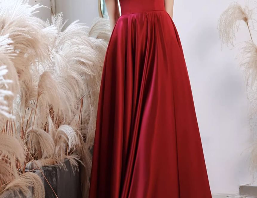 Beaded V-Neck Ribbon Dress Gown Short-Sleeve A-Line / Evening