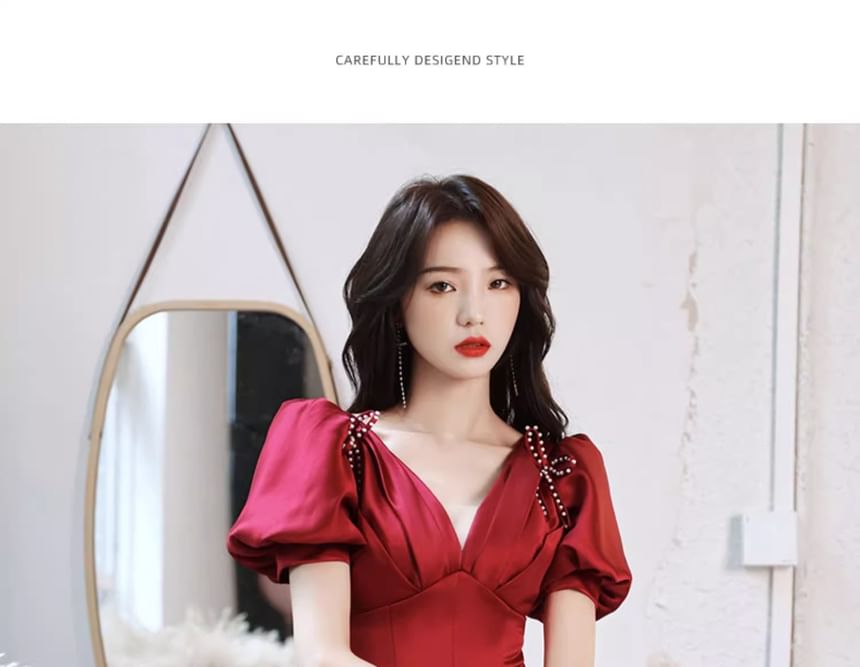 Beaded V-Neck Ribbon Dress Gown Short-Sleeve A-Line / Evening