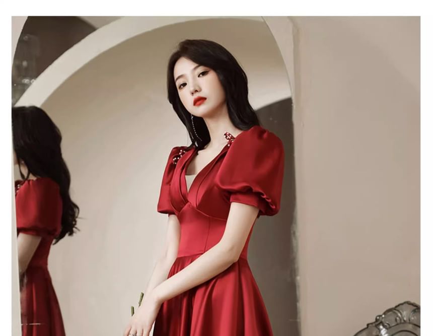 Beaded V-Neck Ribbon Dress Gown Short-Sleeve A-Line / Evening