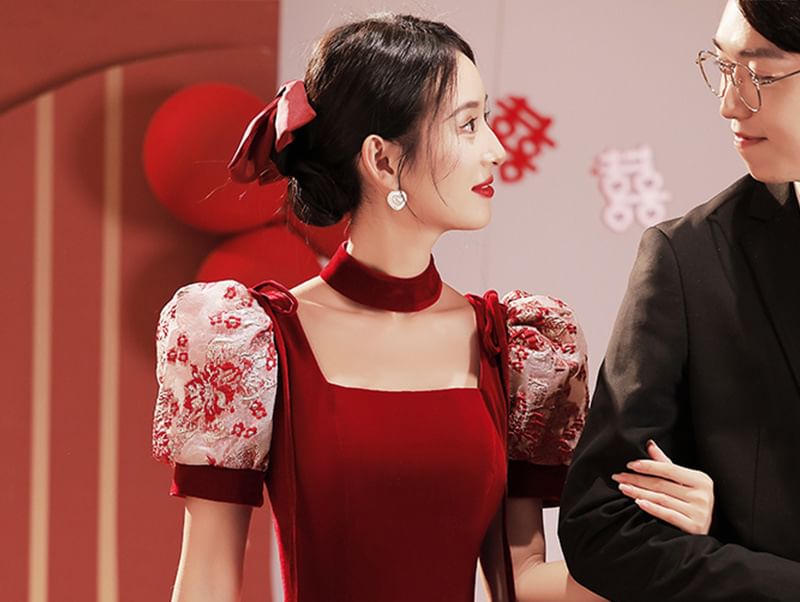 Square Short-Sleeve Neck Gown Evening Lace A-Line