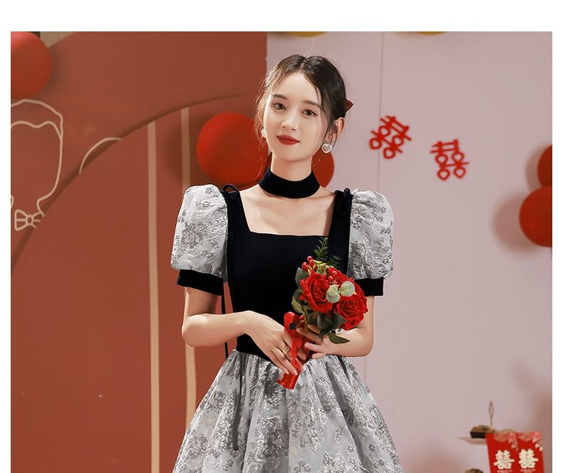 Square Short-Sleeve Neck Gown Evening Lace A-Line