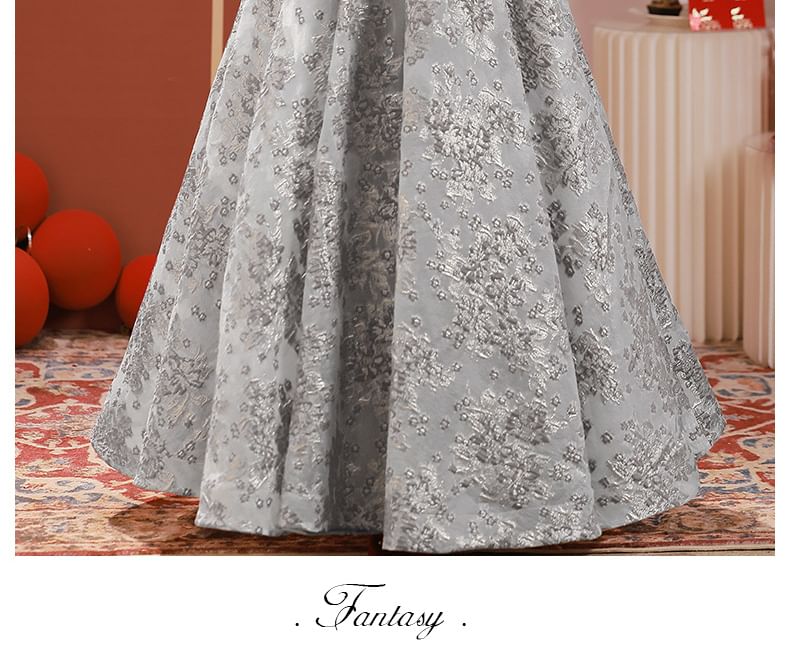 Square Short-Sleeve Neck Gown Evening Lace A-Line