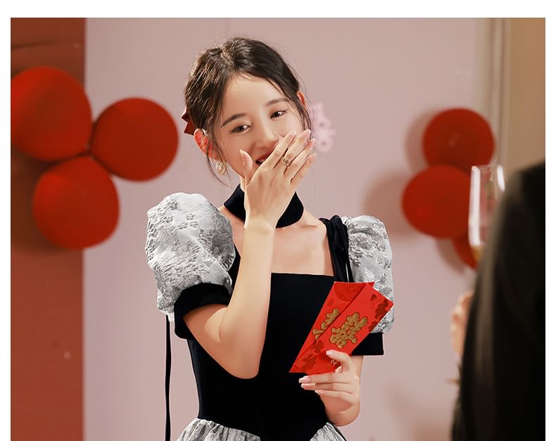 Square Short-Sleeve Neck Gown Evening Lace A-Line