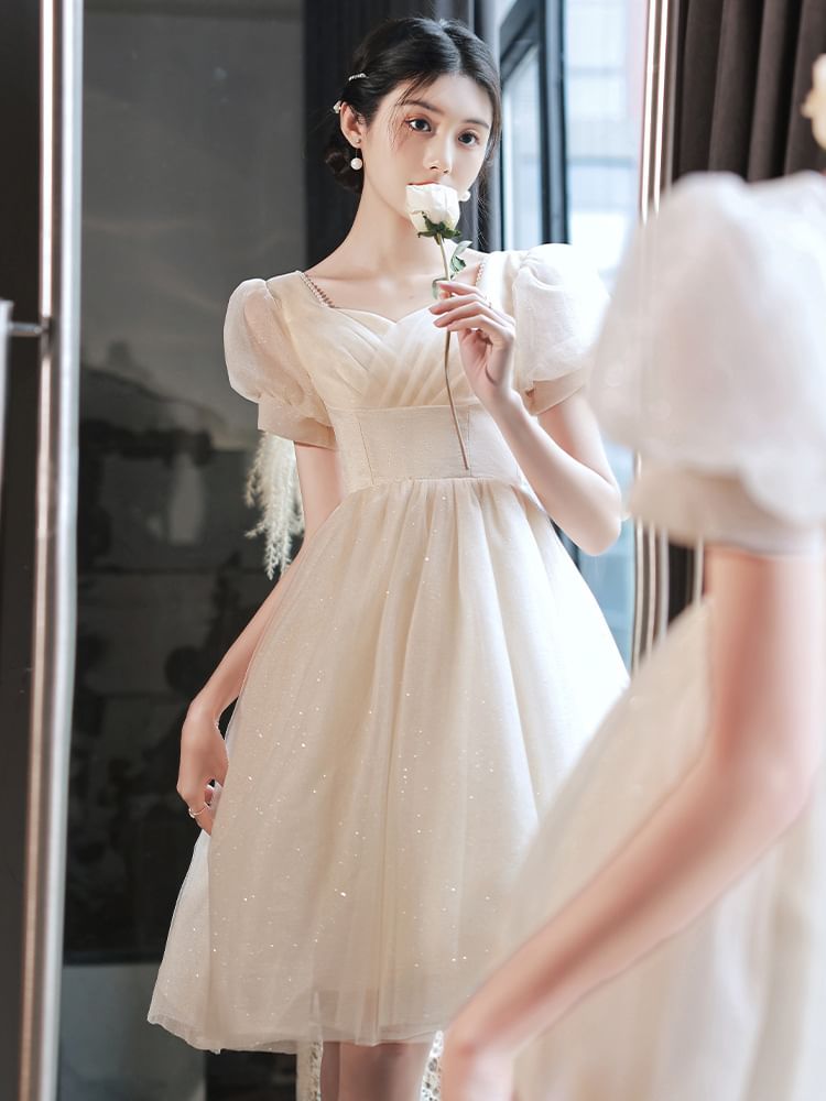 Gown Glitter Evening Dress V-Neck Party Short-Sleeve A-Line /