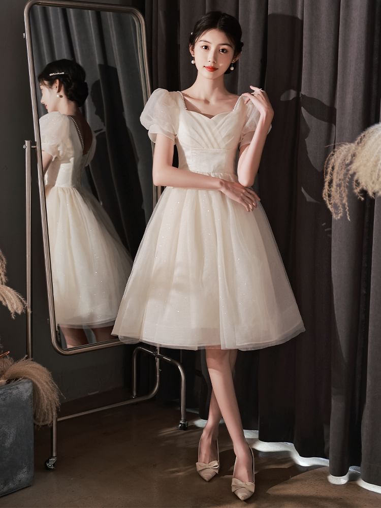 Gown Glitter Evening Dress V-Neck Party Short-Sleeve A-Line /