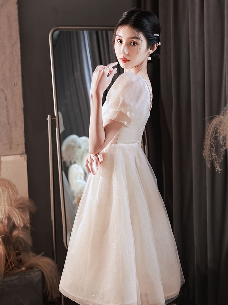 Gown Glitter Evening Dress V-Neck Party Short-Sleeve A-Line /