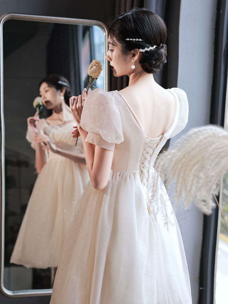 Gown Glitter Evening Dress V-Neck Party Short-Sleeve A-Line /