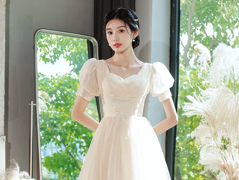 Gown Glitter Evening Dress V-Neck Party Short-Sleeve A-Line /