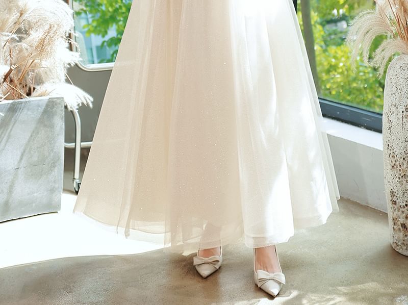 Gown Glitter Evening Dress V-Neck Party Short-Sleeve A-Line /