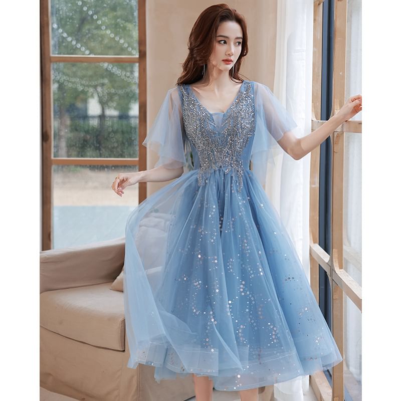Evening A-Line Glitter Short-Sleeve (Various Designs) V-Neck Gown