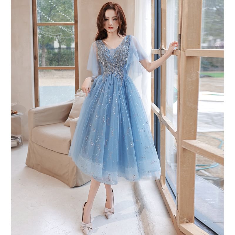 Evening A-Line Glitter Short-Sleeve (Various Designs) V-Neck Gown
