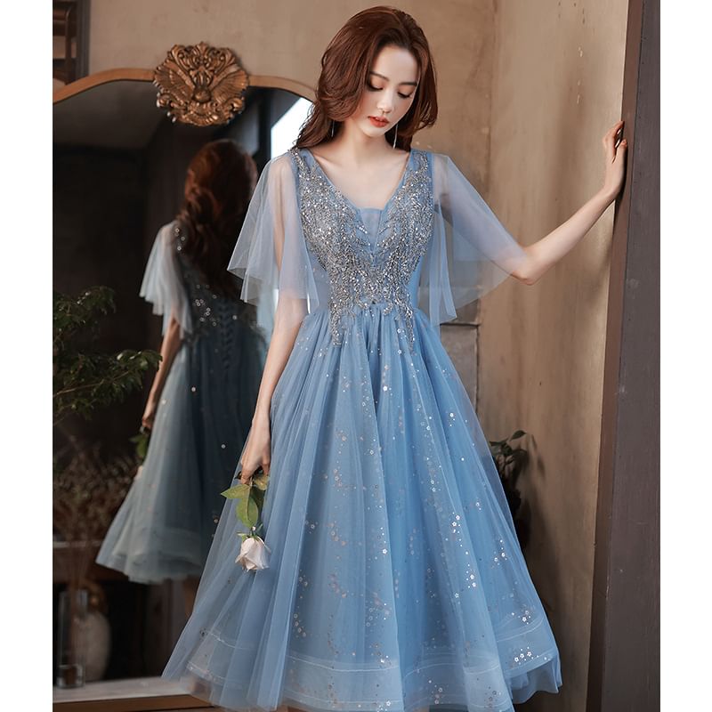 Evening A-Line Glitter Short-Sleeve (Various Designs) V-Neck Gown