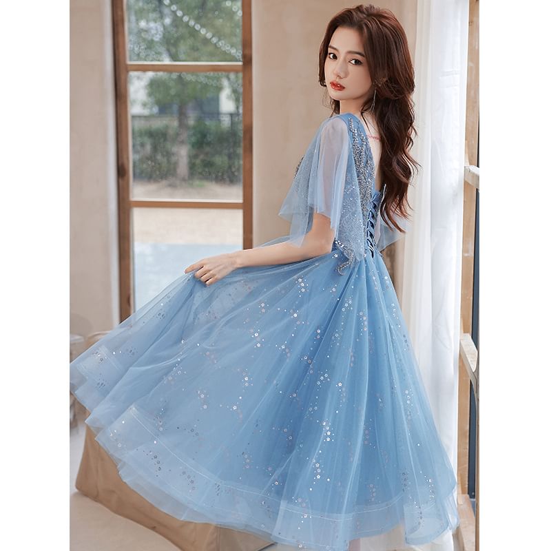 Evening A-Line Glitter Short-Sleeve (Various Designs) V-Neck Gown