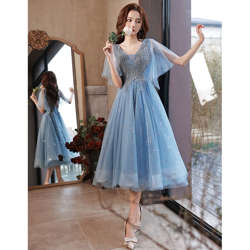 Evening A-Line Glitter Short-Sleeve (Various Designs) V-Neck Gown