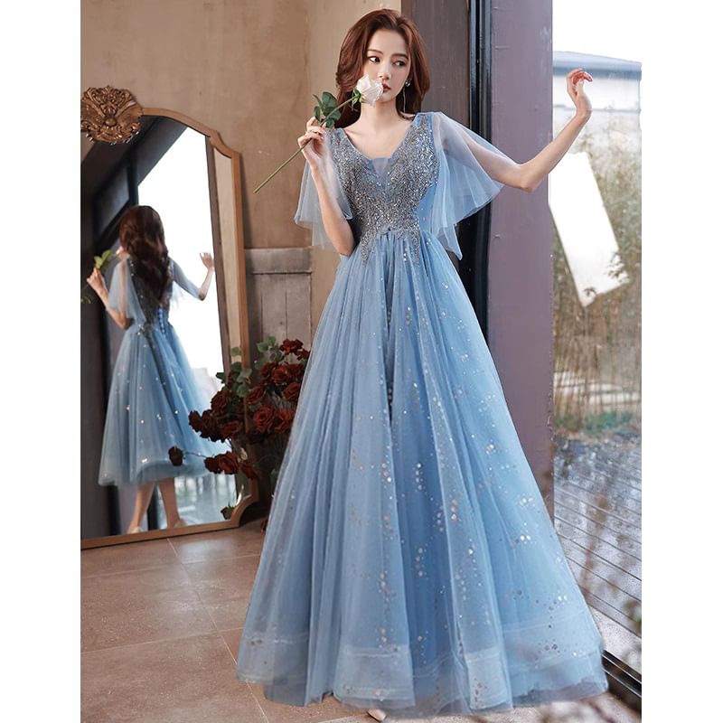 Evening A-Line Glitter Short-Sleeve (Various Designs) V-Neck Gown