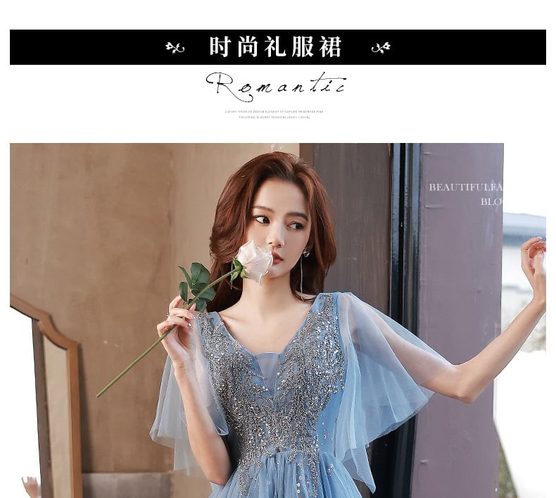 Evening A-Line Glitter Short-Sleeve (Various Designs) V-Neck Gown