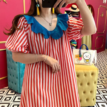 Short-Sleeve Ruffle Striped Maxi A-Line Dress