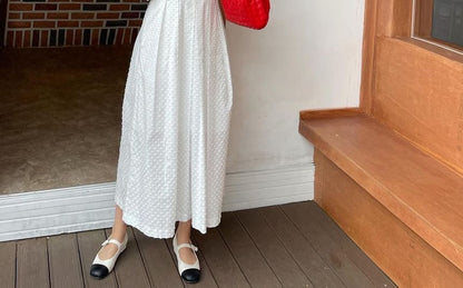 Puff-Sleeve Crewneck Dotted Maxi A-Line Dress