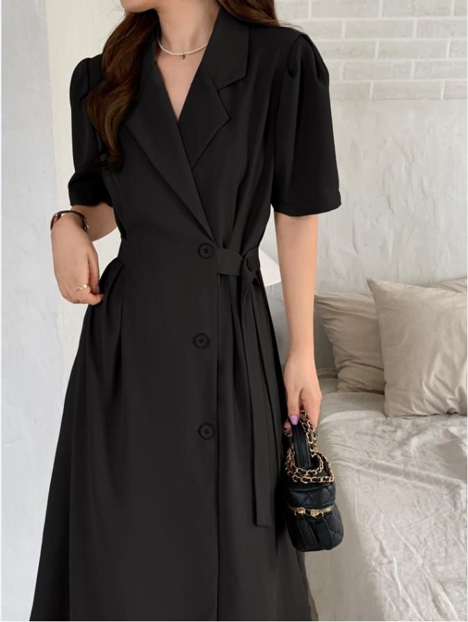 Short-Sleeve Button-Up Sashed Plain Midi A-Line Dress