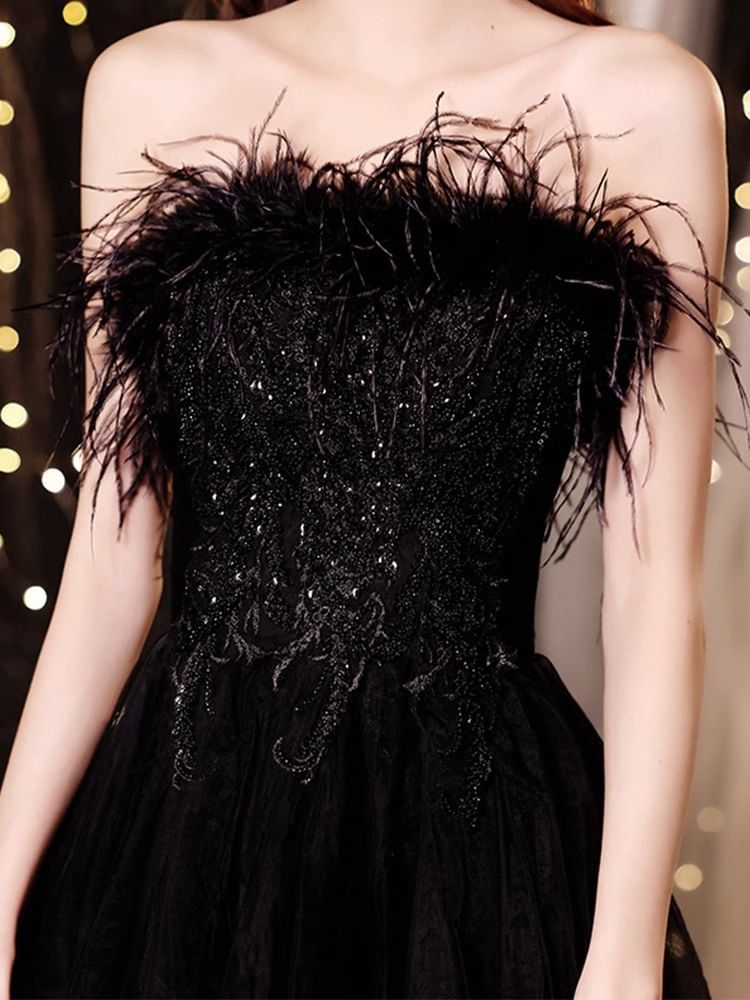 Strapless Sequin Lace Panel A-Line Evening Gown