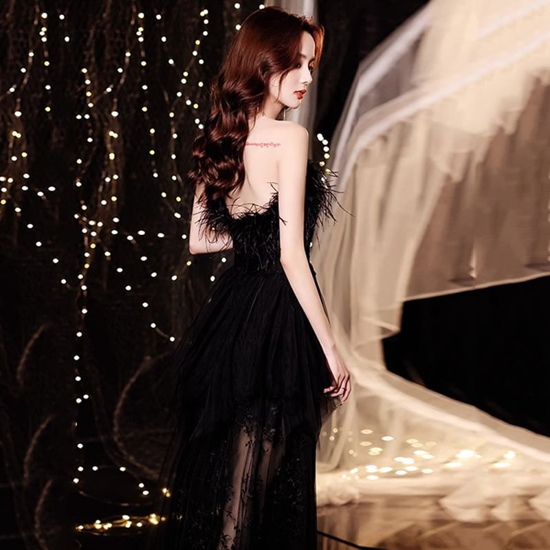 Strapless Sequin Lace Panel A-Line Evening Gown