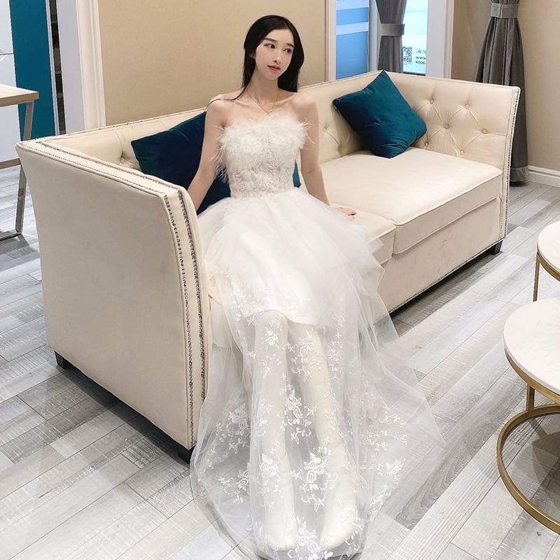 Gown Sequin Panel Evening Lace A-Line Strapless