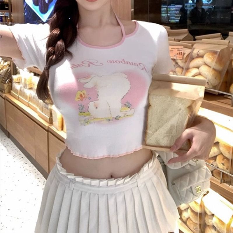 Print Halter T-Shirt Short-Sleeve Lettering Cartoon