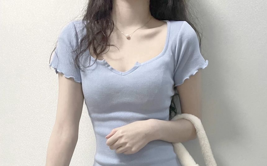 Neck Short-Sleeve Lettuce Edge Sheath Dress Mini Notch Plain