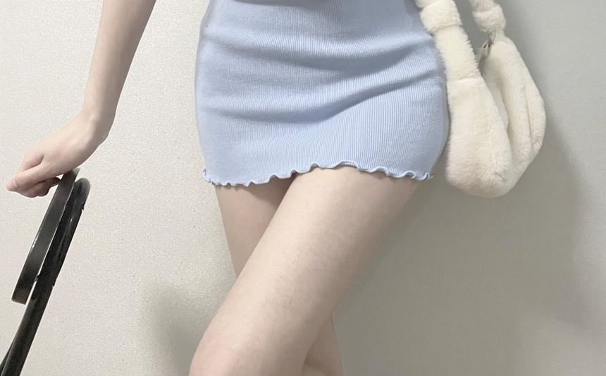 Neck Short-Sleeve Lettuce Edge Sheath Dress Mini Notch Plain