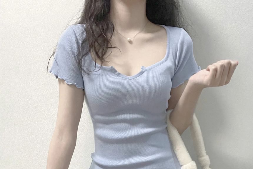 Neck Short-Sleeve Lettuce Edge Sheath Dress Mini Notch Plain