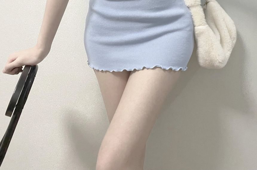 Neck Short-Sleeve Lettuce Edge Sheath Dress Mini Notch Plain