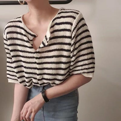 Short-Sleeve Striped Button-Up Cardigan