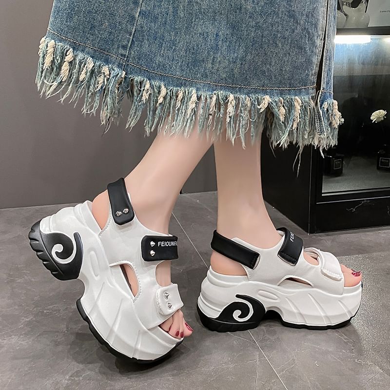 Adhesive Slingback Platform Two Sandals Strap Studded Tone