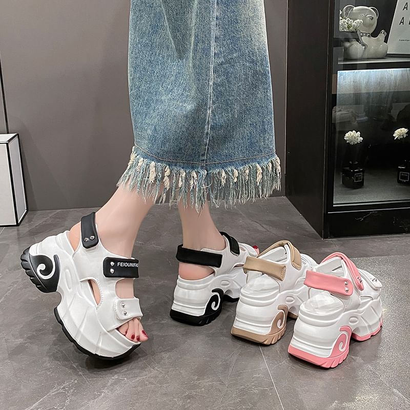 Adhesive Slingback Platform Two Sandals Strap Studded Tone
