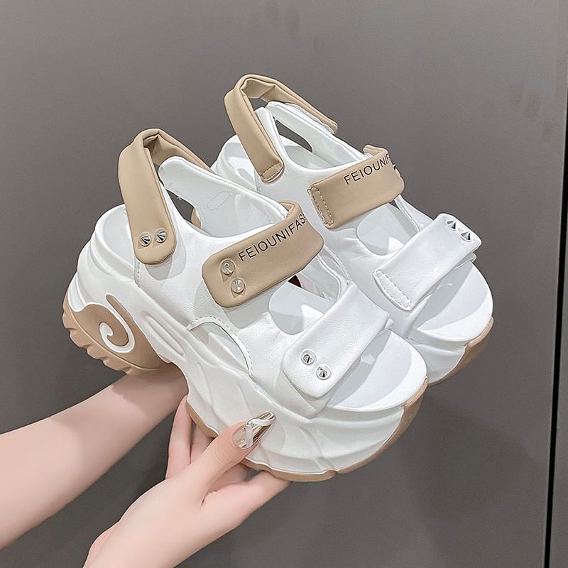 Adhesive Slingback Platform Two Sandals Strap Studded Tone