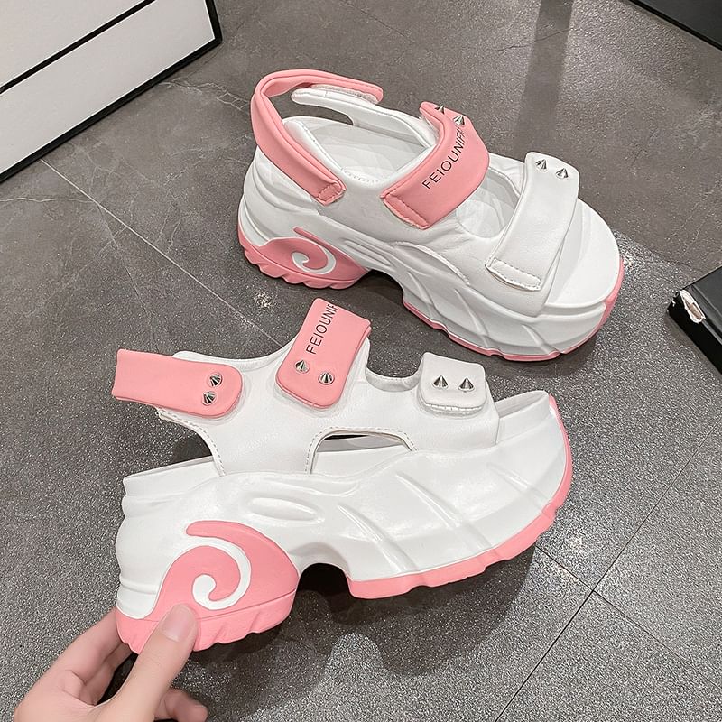 Adhesive Slingback Platform Two Sandals Strap Studded Tone