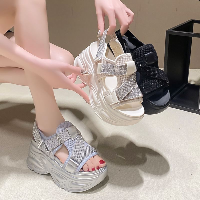 Slingback Mesh Sandals Adhesive Strap Rhinestone Platform