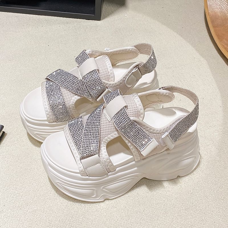 Slingback Mesh Sandals Adhesive Strap Rhinestone Platform