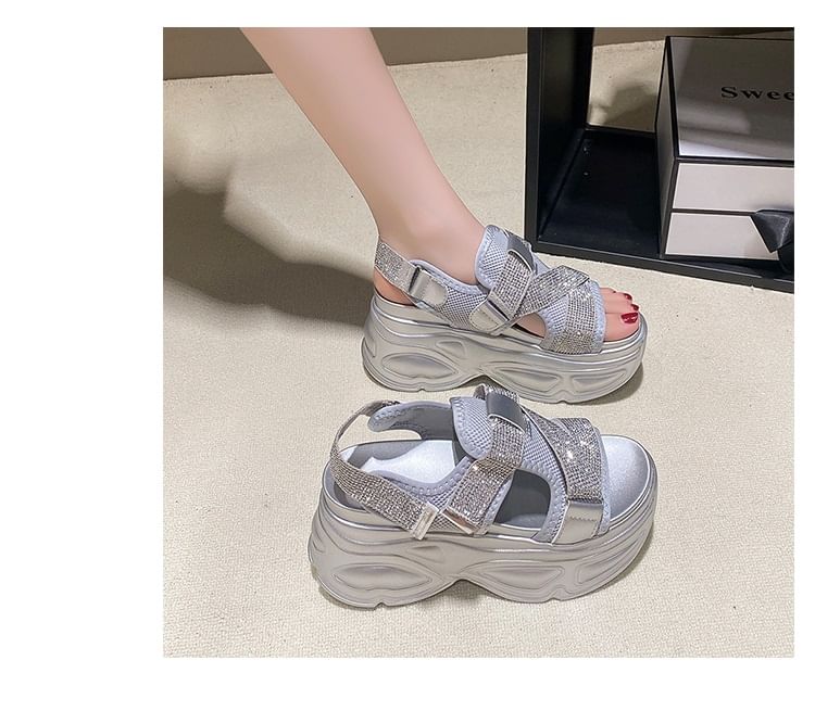 Slingback Mesh Sandals Adhesive Strap Rhinestone Platform