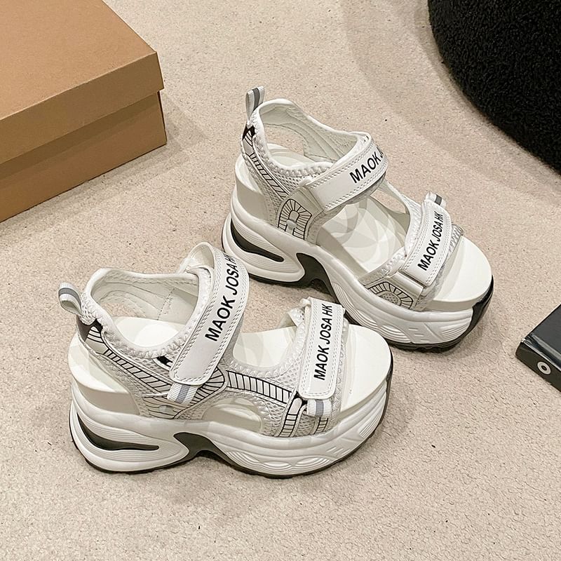 Wedge Slingback Lettering Mesh Adhesive Print Strap Heel Sandals