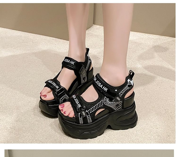 Wedge Slingback Lettering Mesh Adhesive Print Strap Heel Sandals