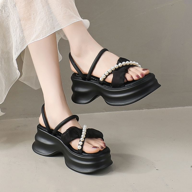 Ruched Cross Pearl Accent Sandals Faux Strap Platform