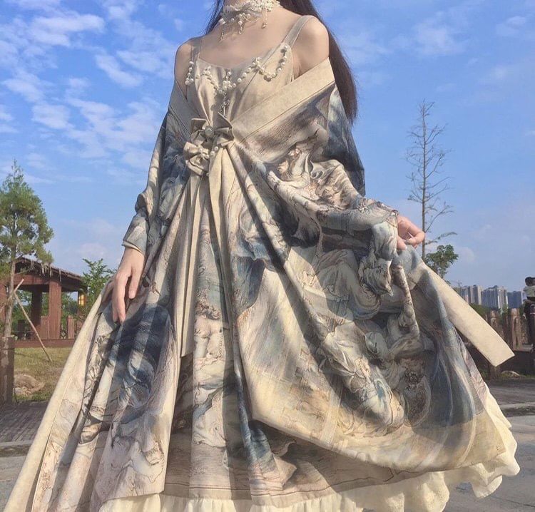 Spaghetti Strap Printed Maxi A-Line Dress / Scarf / Set