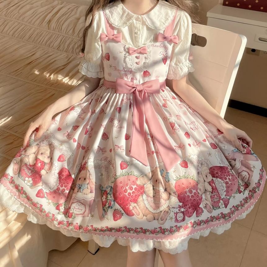 Spaghetti Strap V-Neck Rabbit Print Mini A-Line Dress / Short-Sleeve Blouse / Set