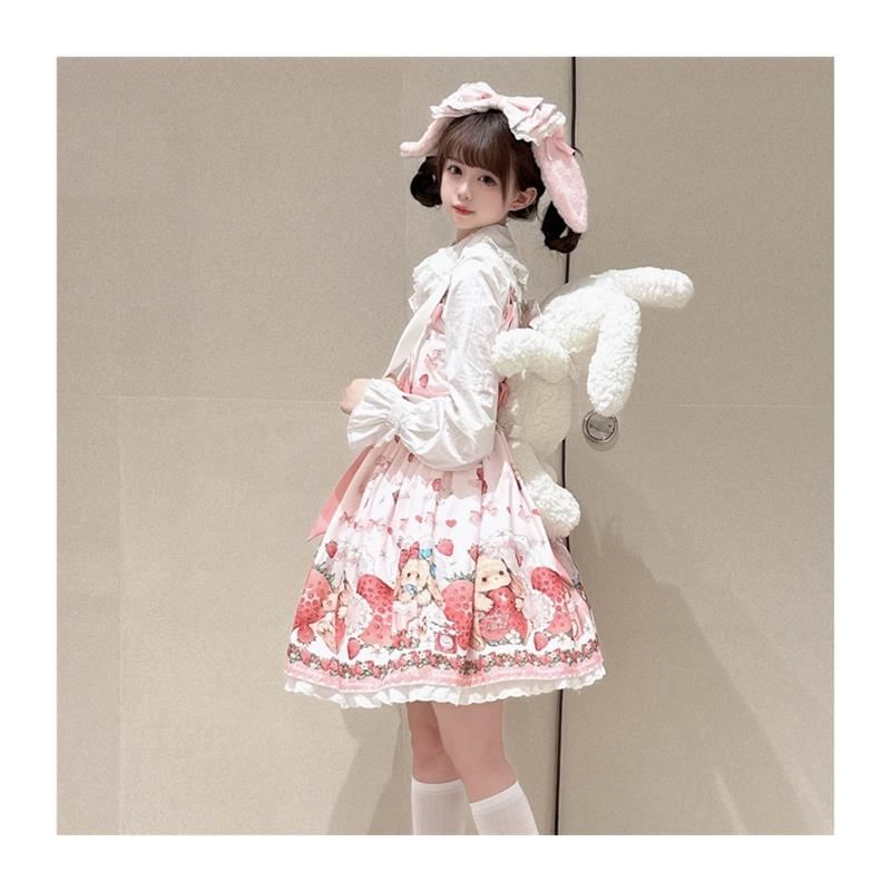 Spaghetti Strap V-Neck Rabbit Print Mini A-Line Dress / Short-Sleeve Blouse / Set