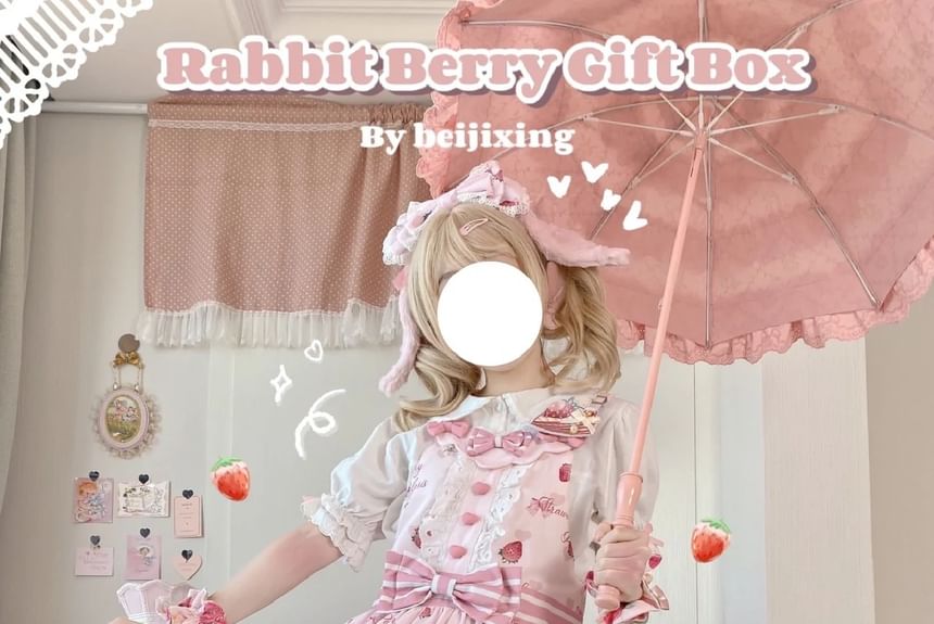 Spaghetti Strap V-Neck Rabbit Print Mini A-Line Dress / Short-Sleeve Blouse / Set